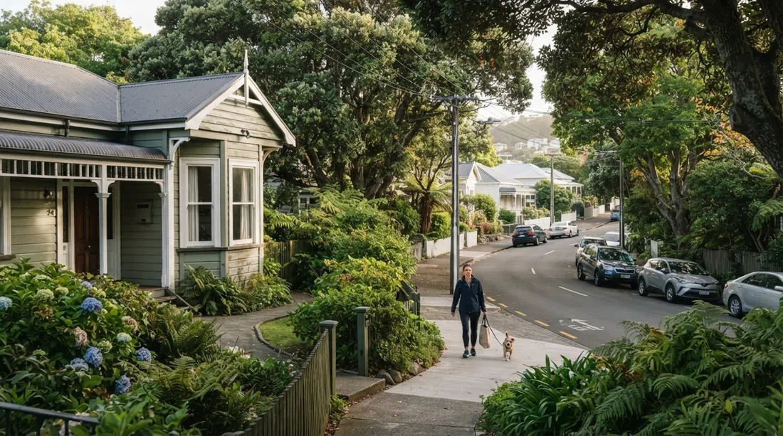 en Grey Lynn villa-gade med træbeklædte huse, trækrone og dybe forhaver i blødt morgenlys