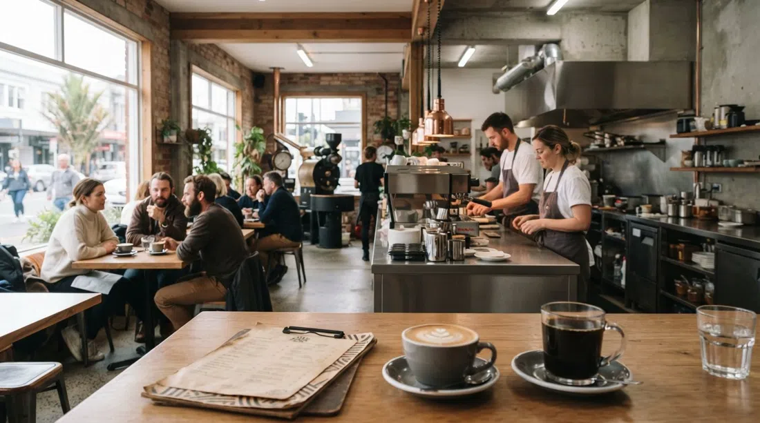det luftige indre af Ozone Coffee Roasters på Westmoreland Street West, med det centrale køkken, siddepladser omkring og kaffekopper i forgrunden