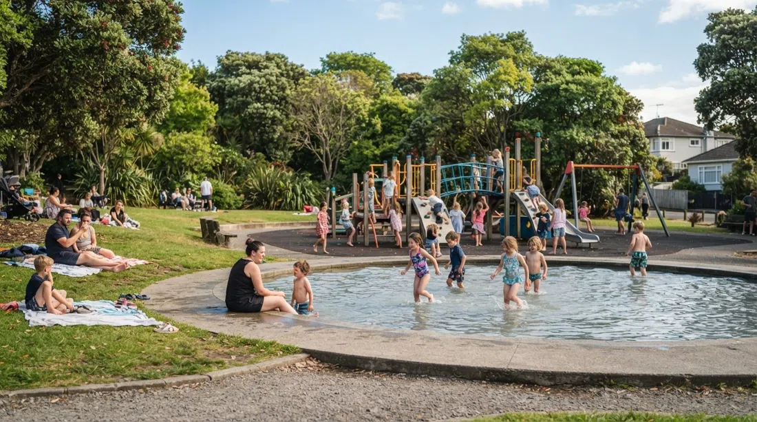 Grey Lynn Park på en sommereftermiddag med paddlingpool, legepladsudstyr og parkens bladrige kanter i billedet