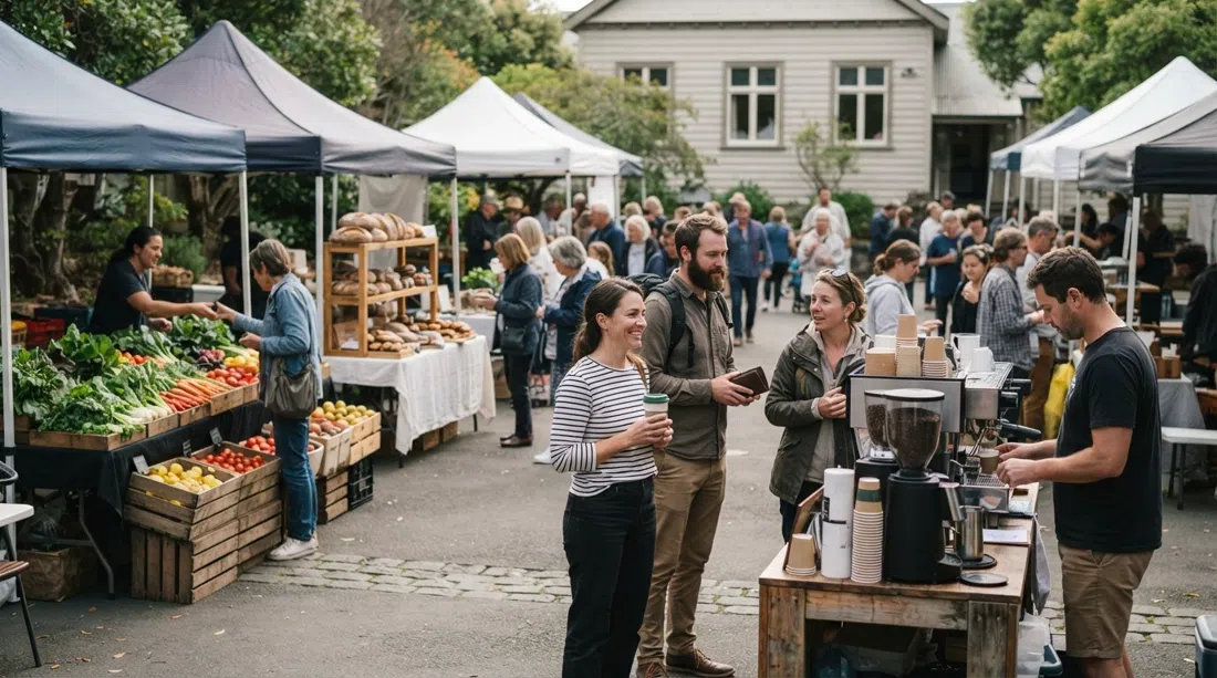Grey Lynn Farmers Market ved Grey Lynn Community Centre en søndag morgen med råvareboder, brød og folk i kø til kaffe