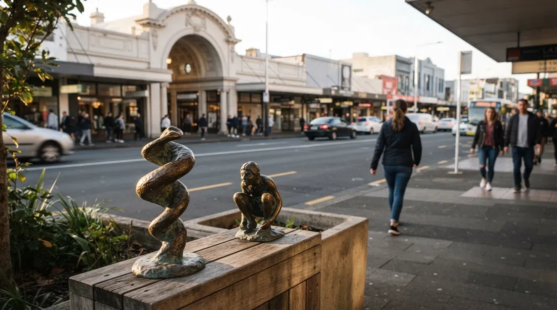 bronce Twist y Thief frente a St Kevin’s Arcade en Karangahape Road, luz de la tarde baja iluminando las pequeñas obras de arte público y la calle detrás