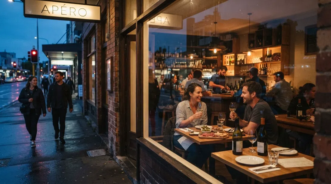Apéro en Karangahape Road al anochecer, luz interior cálida brillando a través de las ventanas con copas de vino y tapas en las mesas del interior