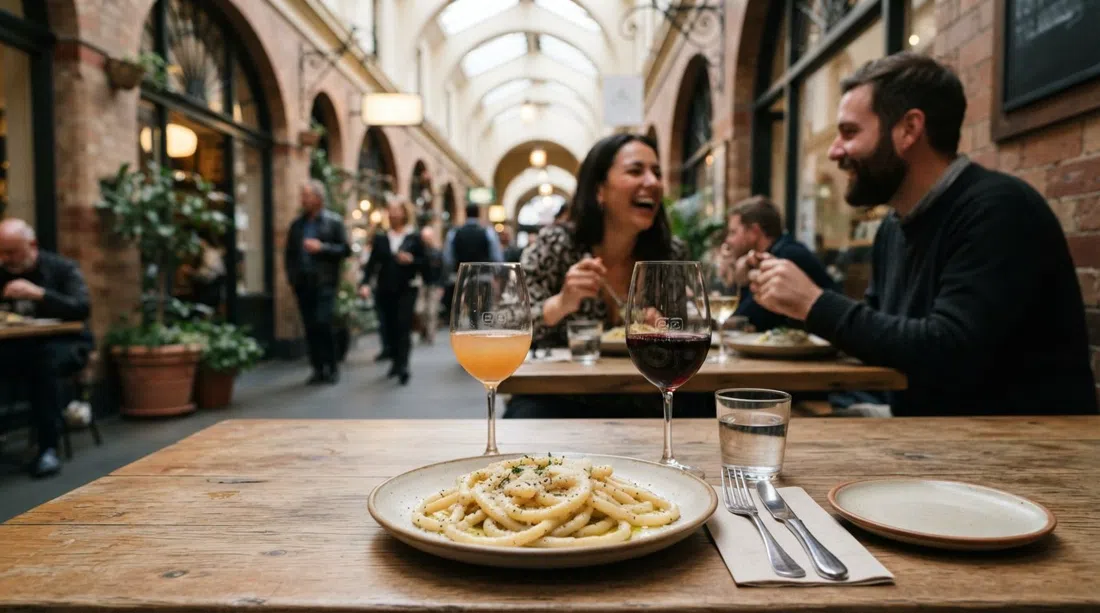 un plato de pasta hecha a mano en Pici en St Kevin’s Arcade, copas de vino natural y el interior íntimo de la galería enmarcando el plato