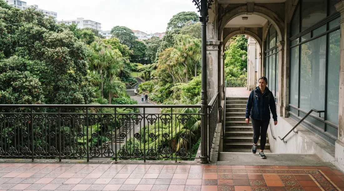 la entrada a Myers Park desde St Kevin’s Arcade, vegetación frondosa del barranco que se despliega bajo la galería en una tranquila tarde de Auckland