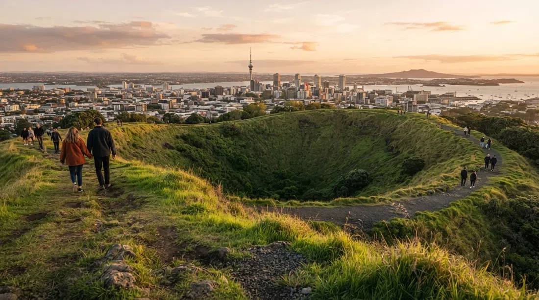 el borde cubierto de hierba de Maungawhau / Mount Eden en la hora dorada, con el cráter verde profundo debajo y el horizonte y el puerto de Auckland al fondo