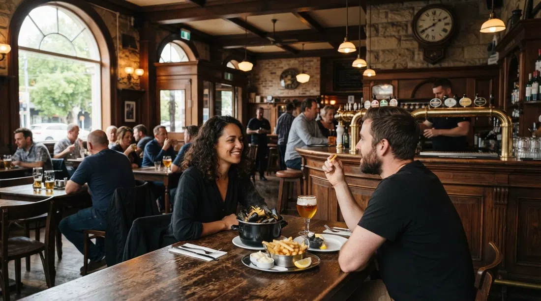 el interior cálido de De Post Belgian Beer Café en la antigua oficina de correos de Mt Eden, con grifos de cerveza belga, detalles de madera y un plato de moules-frites en la mesa