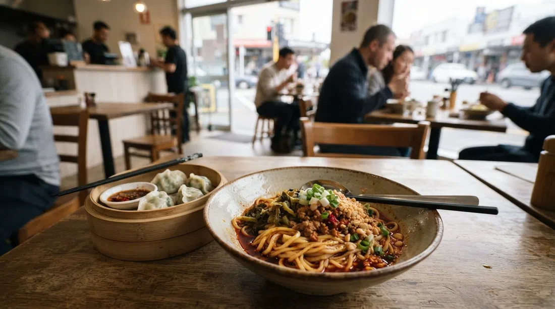 un tazón de dandan noodles de Sichuan en Eden Noodles Cafe en Dominion Road, fideos brillantes, aceite de chile y dumplings en un ambiente sencillo y luminoso
