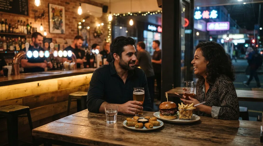 el bar acogedor de Ralph’s en Dominion Road por la noche, grifos de cerveza artesanal brillando, una hamburguesa wagyu y jalapeño poppers en la mesa, neón de la calle afuera