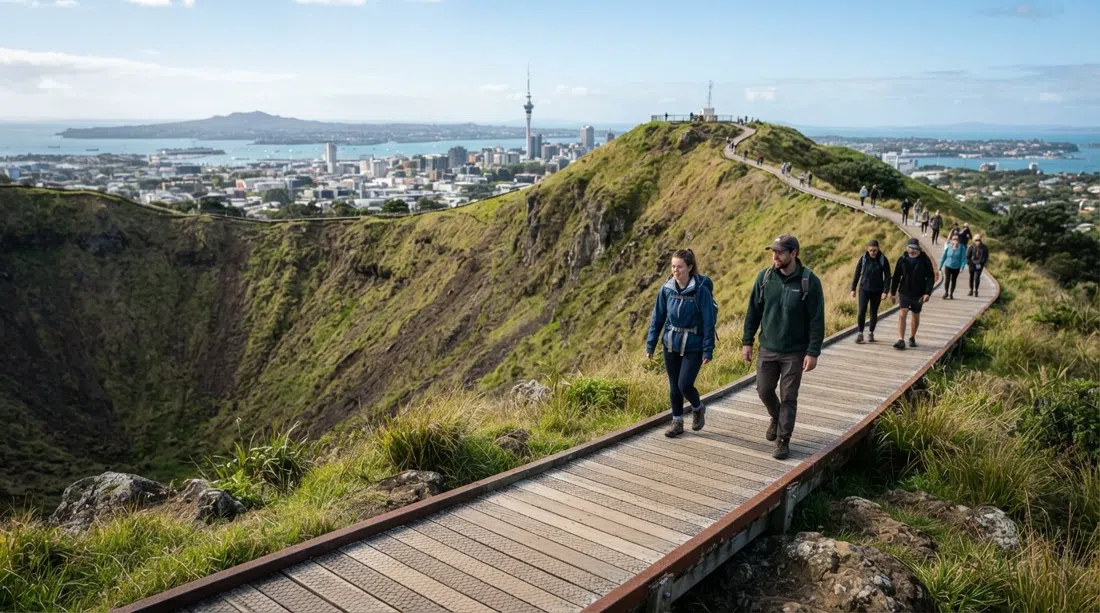 el sendero de la cumbre de Maungawhau / Mount Eden con caminantes en el borde cubierto de hierba y el cráter volcánico abriéndose debajo bajo la luz del día clara