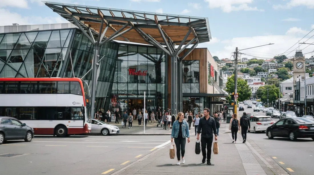 Westfield Newmarkets gläserne Broadway-Front zur Mittagszeit, Käufer betreten das Einkaufszentrum unter dem breiten Vordach, während Busse und Verkehr vorbeifahren