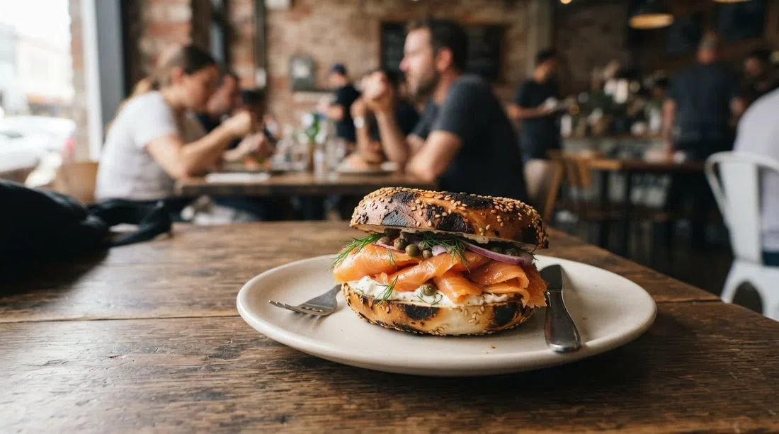 ein heißgeräucherter King Salmon Bagel von Best Ugly Bagels an der York Street, holzgebackene Kruste und glänzender Lachs auf einem einfachen Teller