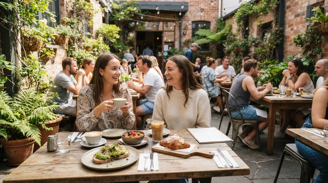 der sonnige Innenhof des Teed Street Larder, Tische für das Brunch gedeckt mit Backwaren und Morgenlicht, das über die Terrasse fällt