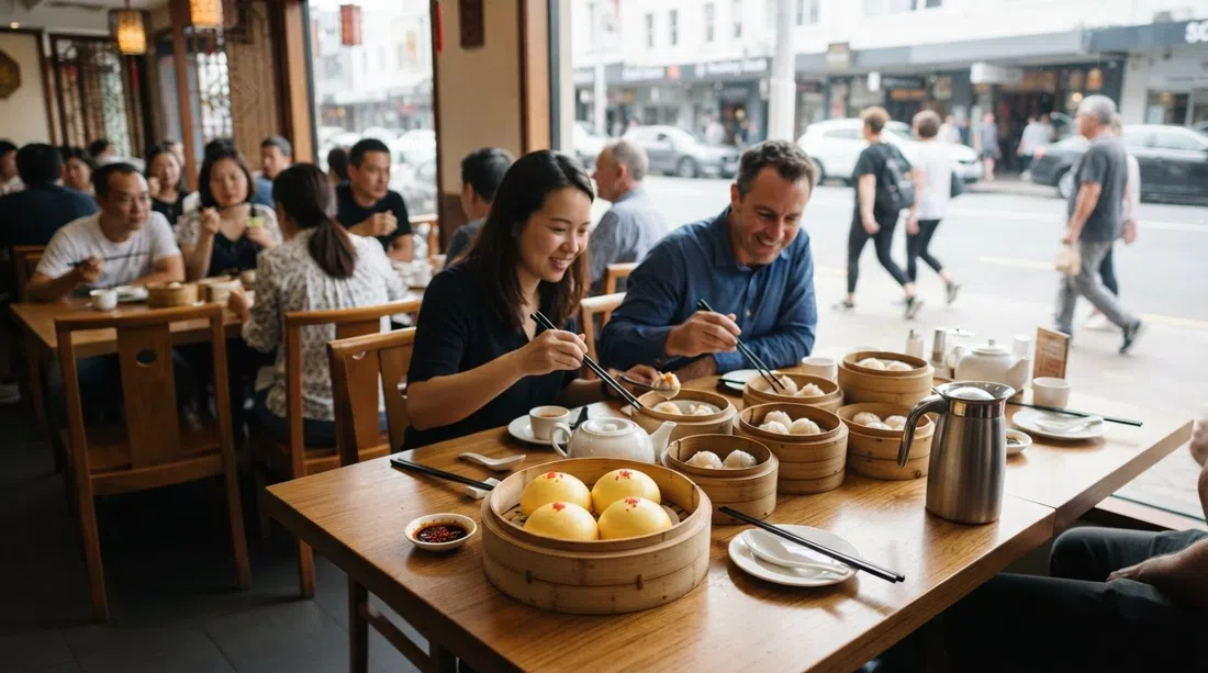 Pearl Garden an der Teed Street während des Mittagessens, Bambusdampfkörbe auf dem Tisch gestapelt und goldene Custard Buns im Vordergrund