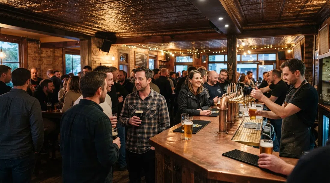 das warme Interieur mit Blechdecke des The Lumsden Freehouse in der Dämmerung, Biere an der Theke und nach der Arbeit versammelte Menge um die Zapfhähne