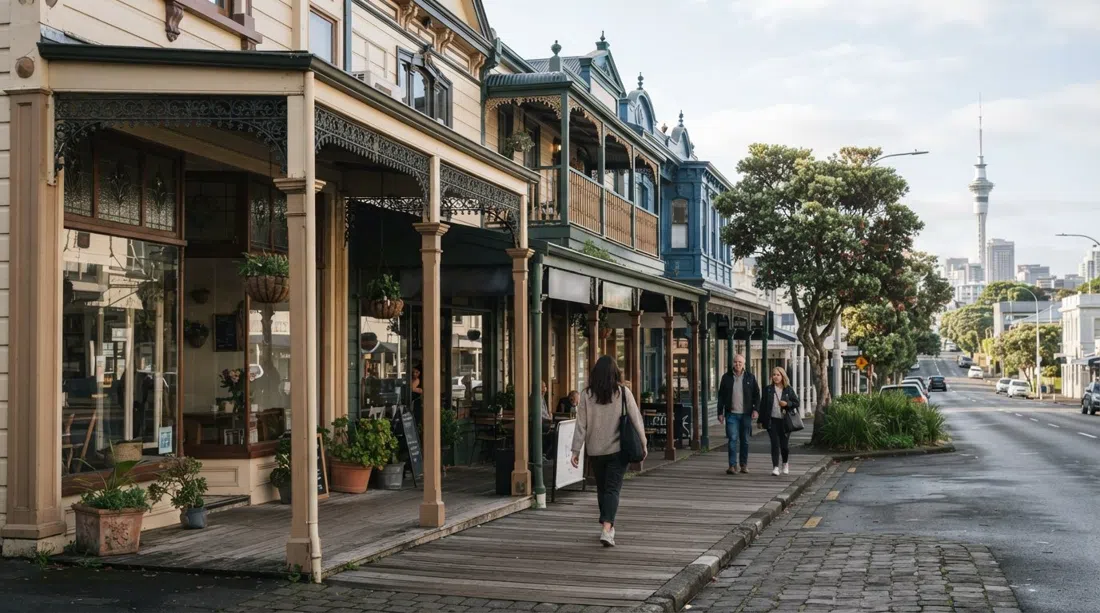 fachadas de madera restauradas y porches en Parnell Road con luz suave matutina, árboles frondosos y un sendero tranquilo en la cresta