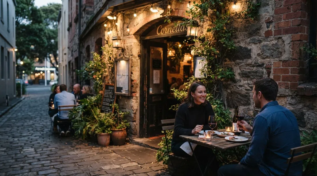 la fachada de Cornelia en el callejón de Parnell Road, con mesas pequeñas, copas de vino y una entrada estrecha y escondida con luz vespertina
