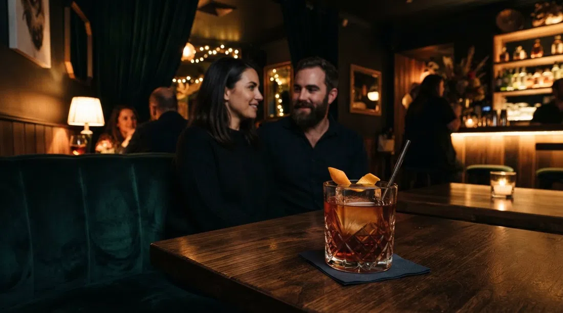 el interior del coctel con ambiente de Pineapple on Parnell, paredes oscuras, cabinas de terciopelo y luz ámbar tenue alrededor de un coctel de ron