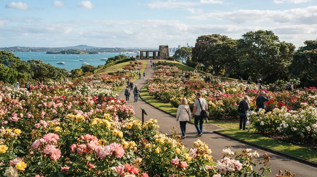 el Parnell Rose Garden en plena floración en Dove-Myer Robinson Park, parterres de rosas temáticos que llevan hacia el Fred Ambler Lookout y el puerto más allá