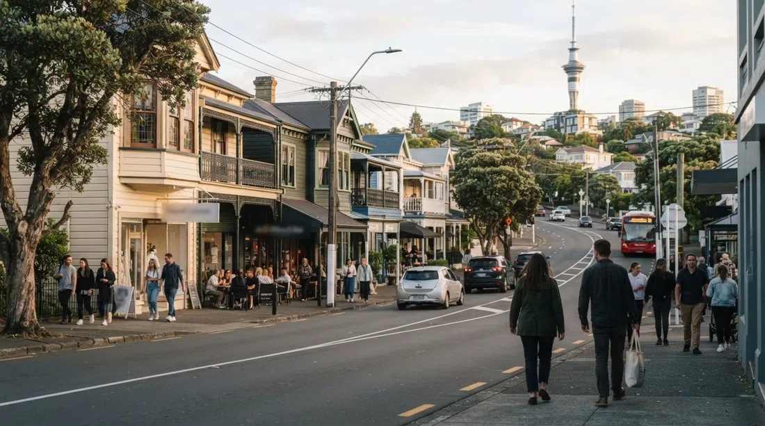 Ponsonby Road al atardecer, villas de madera restauradas convertidas en restaurantes y boutiques bordeando la cresta bajo la suave luz de Auckland