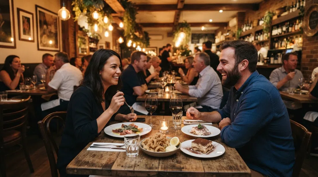 el comedor de Prego en Ponsonby Road, luz vespertina cálida sobre platos de saltimbocca, calamares y tiramisú en una mesa de barrio