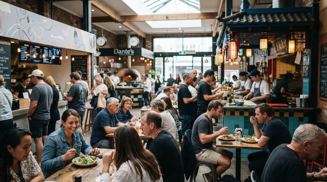 El comedor compartido y concurrido de Ponsonby Central a la hora del almuerzo, gente reunida alrededor de los mostradores de Bird on a Wire, The Blue Breeze Inn y Dante's
