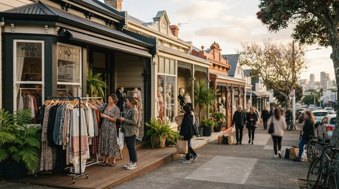 Fachada de una boutique en Ponsonby Road con Karen Walker y Zambesi entre fachadas de estilo villa, compradores curioseando al atardecer