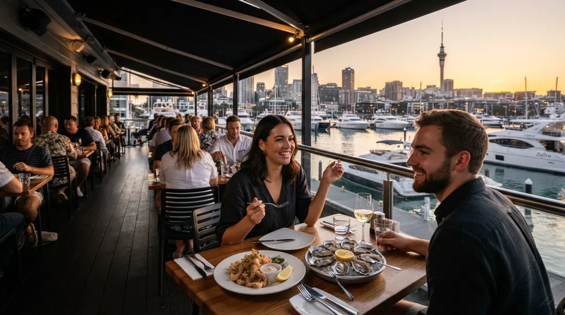 terraza oeste de Soul Bar & Bistro al atardecer, comensales bajo el toldo mirando la marina con platos de calamares salpimentados y ostras
