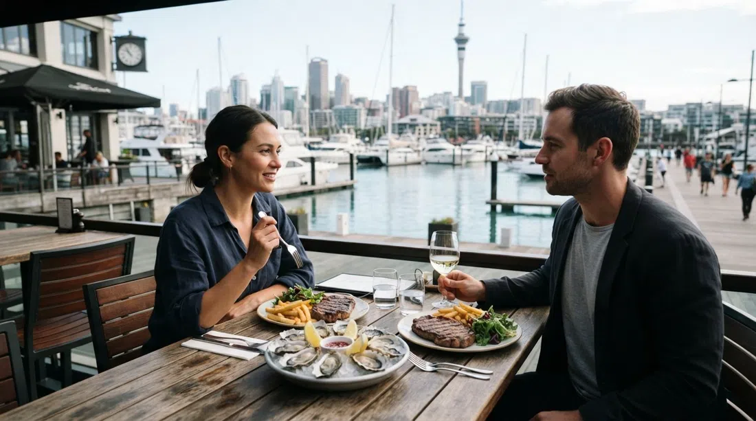 una mesa junto al puerto en Oyster & Chop en Market Square, ostras frías de Bluff y filetes a la parrilla sobre la marina
