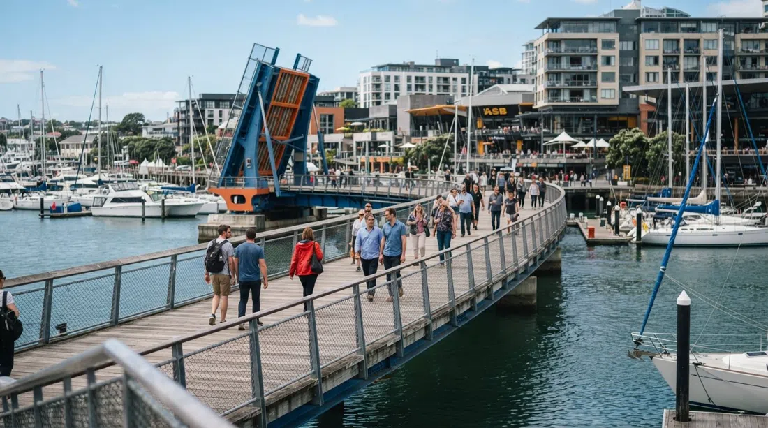 el paseo del puente Te Wero cruzando la marina, peatones en el puente peatonal levadizo con Wynyard Quarter al fondo